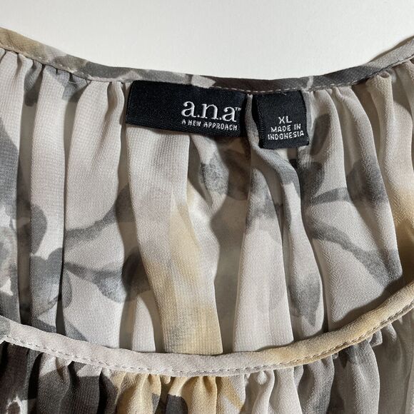 A.N.A. Sheer Top Size XL Gray Brown Cap Sleeve Elastic Waist Scoop Neck - Picture 5 of 13